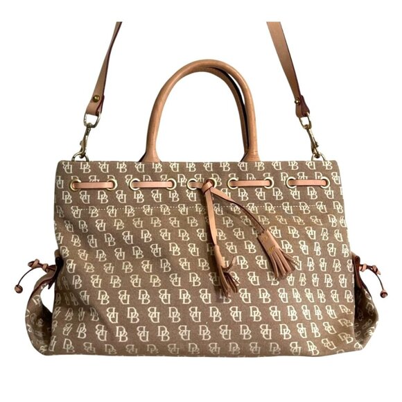 Dooney Bourke Monogram Satchel Bag Wool Cotton Tassel Removeable Strap Tan - Picture 1 of 12